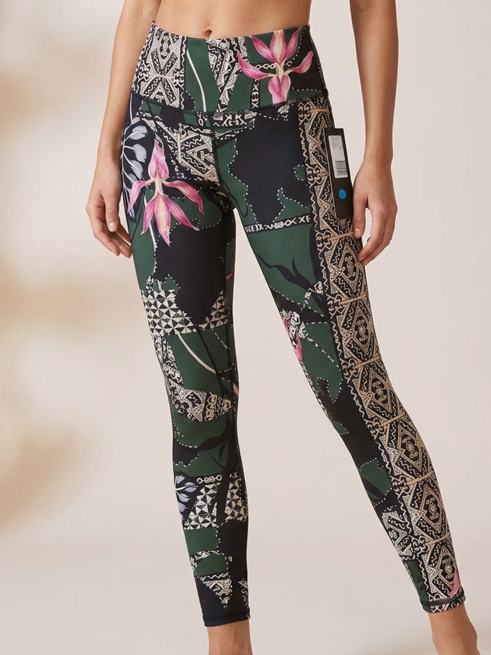 Noli Black Green Floral Patchwork Leggings